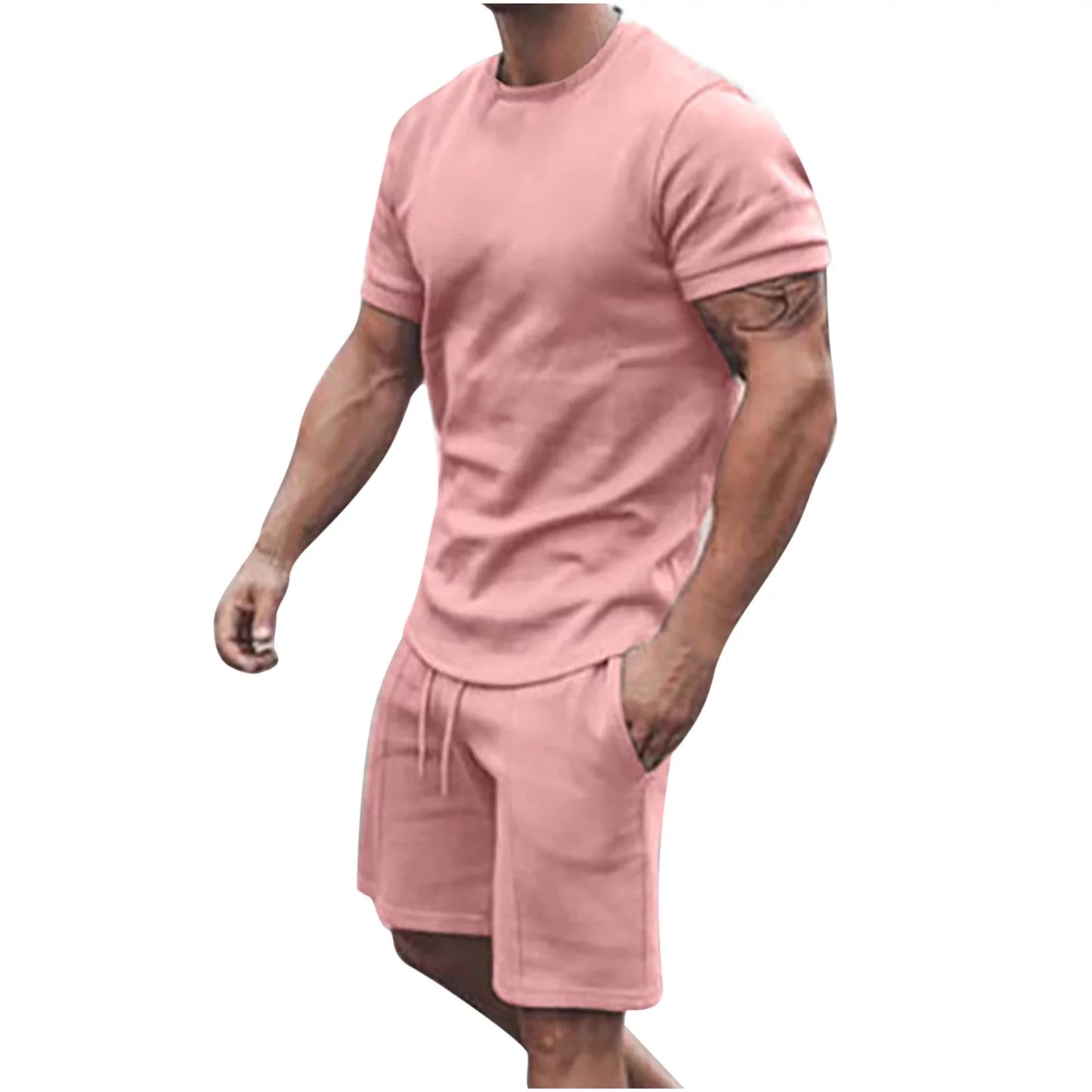 Men 2 Piece Outfits Summer Casual Crew Neck Muscle Short Sleeve Shirt and Classic Fit Sport Shorts Set Tracksuit